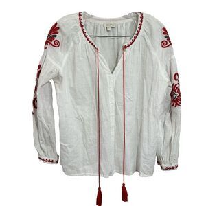 Velzera Womens  Top White‎ Red Roses Long Sleeve Embroidered BOHO S